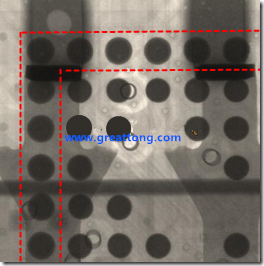 BGA錫球尺寸小于0.4mm，采用降低BGA內圍襲球的錫膏量所得到X-Ray，稍微留意一下可以發(fā)現(xiàn)最外圈的錫量(圓的直徑)比其他內圍的錫球上的錫量來得多一點點。也就是外圈的黑色圓形直徑比內圈的圓形來得大一點點。