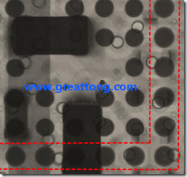 BGA錫球尺寸小于0.4mm，采用降低BGA內圍襲球的錫膏量所得到X-Ray，稍微留意一下可以發(fā)現(xiàn)最外圈的錫量(圓的直徑)比其他內圍的錫球上的錫量來得多一點點。也就是外圈的黑色圓形直徑比內圈的圓形來得大一點點。