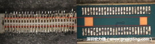 把板對(duì)板連接器與其電路板的佈線焊墊作一個(gè)比較，端子的切斷面有毛邊的地方剛好對(duì)到了裸銅區(qū)。