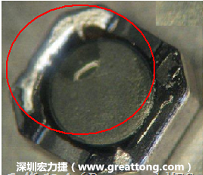 使用錫(Sn)鍍層的電源電感器(Power Inductors)，經(jīng)過推力測(cè)試后，其焊點(diǎn)還保留在零件的端點(diǎn)上，所以推力比較高。