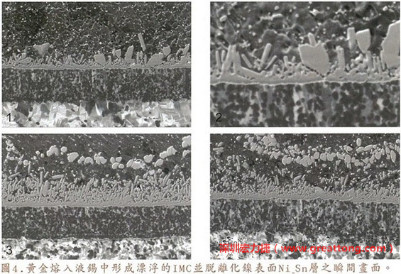 下面四張圖片為放大4500倍的SEM圖像，說明在回流焊爐熱量不足的情況下，黃金成份正要從鎳層分離融入焊錫之中的瞬間，當(dāng)零件遭受外力沖擊的時候就極有可能從這一整排AuSn、、AuSn2或AuSn4的IMC處裂開。