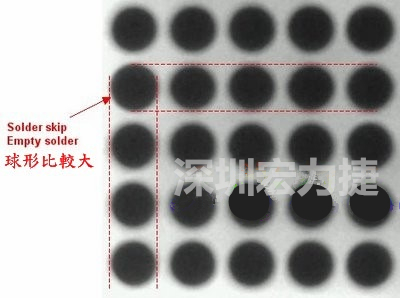 現(xiàn)在我畫幾條直線你再看看是否有發(fā)現(xiàn)那一顆BGA的錫球比較大，有空焊的可能？