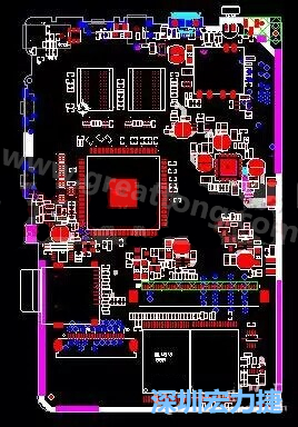 上圖是一個開發(fā)板的PCB，從布局中可以看出各個接口電路分離很明確，SDRAM和DDR以及SD卡接口電路等走線不會造成相互的干擾。-深圳宏力捷