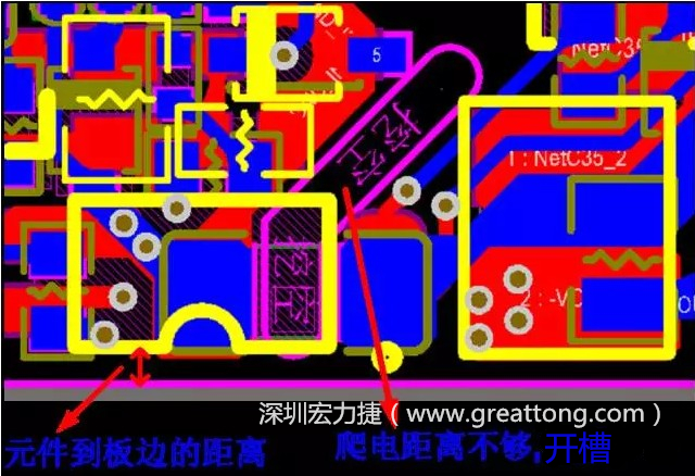 如果碰到模塊PCB空間有限，爬電距離不夠，可以采用開(kāi)槽的方式