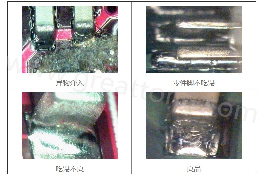 300X顯微鏡主要檢測這些PCBA加工問題：異物介入、零件腳不吃錫、 吃錫不良。