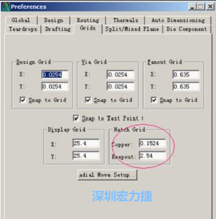  改銅皮的填充網(wǎng)格Global→Design Units，填充方向Drafting→Direction；Hatch Grid中Copper此數(shù)值為大銅箔中所填充的線條中心到中心的距離。