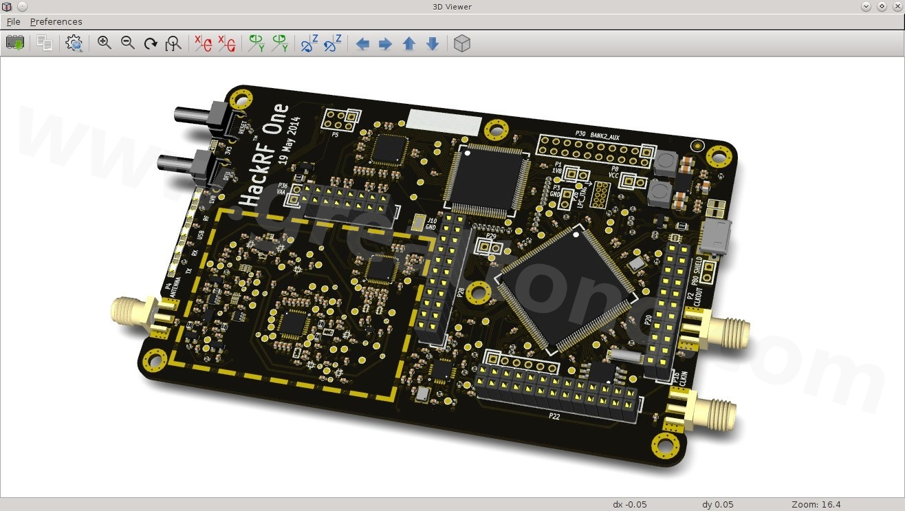 經(jīng)KiCad軟體3D功能渲染過的HackRF One電路板。