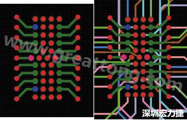 圖7：焊盤內(nèi)過孔用于內(nèi)部，而外部接腳在0.5mm閘格上扇出。圖7a顯示的是頂層(左)；圖7b顯示頂層和內(nèi)部布線層(右)。