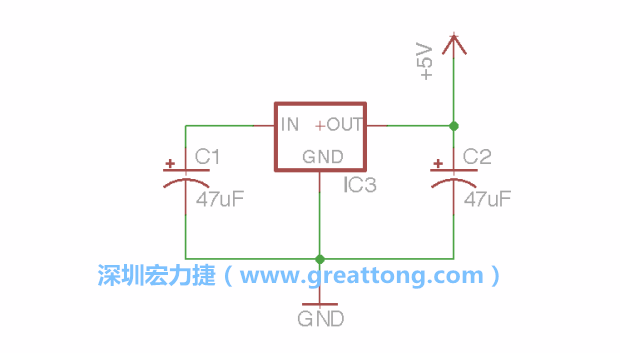 使用「新增（Add）」工具，選擇RBBB → Regulator，把Regulator元件放在畫面左上角的象限上，再使用新增工具來配置兩個(gè)Electrolytic_Caps元件、GND元件和+5V的信號供應(yīng)元件（RBBB → Supply），如圖所示。