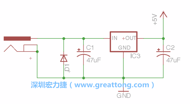 新增RBBB→Power_Jack，將它放在電壓調(diào)整器的輸入端旁邊。