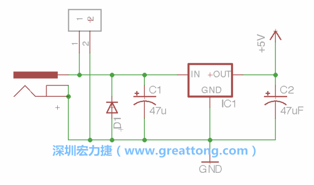 2.5.    新增一個(gè)二極體，它會以水平的狀態(tài)出現(xiàn)在屏幕上，請使用「旋轉(zhuǎn)（Rotate）」工具把它負(fù)極那一面朝上，并且用「網(wǎng)絡(luò)連接」工具將它連接在電壓調(diào)整器的輸入端和接地端之間。