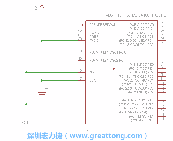 3.1.    新增微控制器晶片（RBBB → ATmega），把它放在電路原理圖的中央附近，把它的兩個接地接頭連接到接地訊號端。