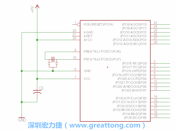 3.2.    在靠近ATmega的電源供應(yīng)針腳7的位置放置一個0.1μF的電容，將它分別連接電源、接地端和針腳7。