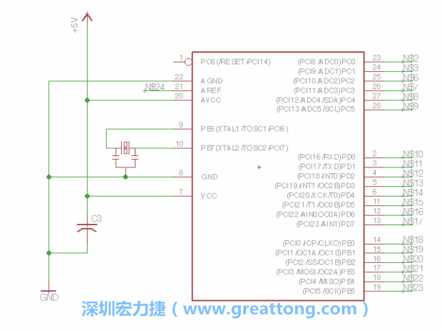 3.3.    將共鳴器（resonator）放置在針腳9和針腳10附近，將它的三個針腳連接如圖所示，并確認最中間的針腳有連到接地端。