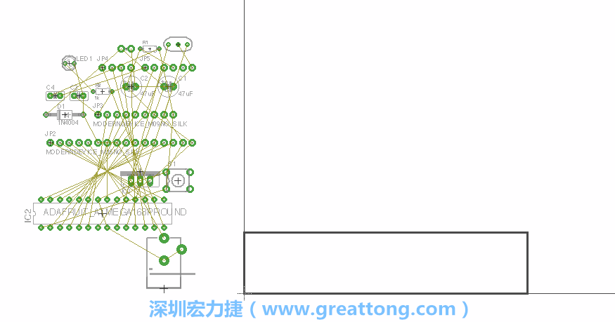 第一次執(zhí)行布線編輯器時(shí)，你會發(fā)現(xiàn)有兩個(gè)區(qū)塊，左邊的區(qū)塊非?；靵y，而右邊的區(qū)塊則是一個(gè)長方形的工作區(qū)域，EAGLE免費(fèi)版會限制你的工作區(qū)域在4” x 3.2”的范圍內(nèi)，如果你試圖將元件擺放在工作區(qū)外的話，就會跳出警示訊息。