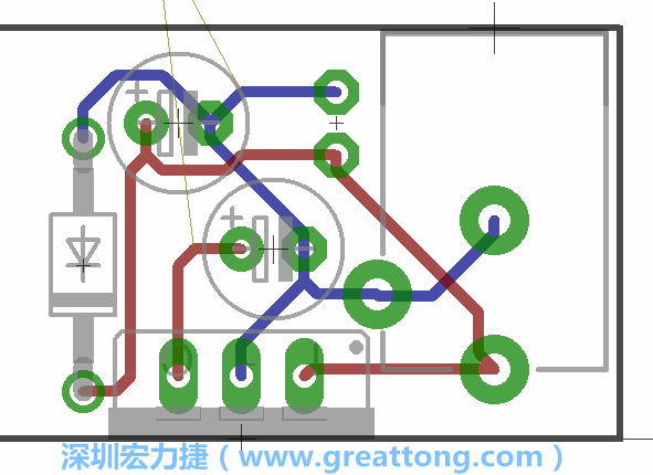 接地連結(jié)點(diǎn)的布線情形如下圖所示，利用這個(gè)練習(xí)來避免電路連線銳角化的產(chǎn)生是一個(gè)不錯的選擇，你可以在工具列中的彎曲線路（Wire Bend）選項(xiàng)里改變各種布線的變化。