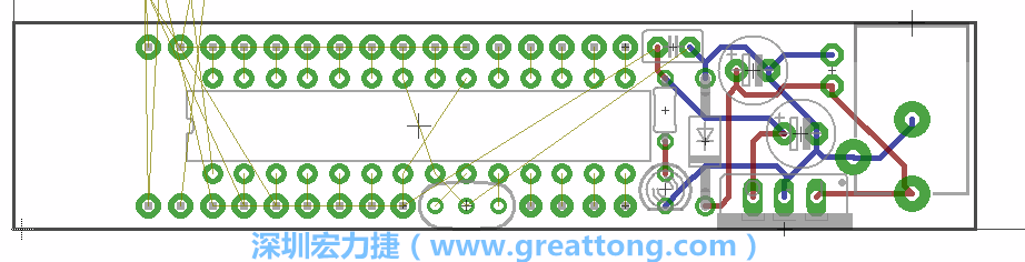 將ATmega微控制器、三個(gè)GPIO排針（JP2, JP3, JP4）和諧振器（resonator）排置如上圖所示。