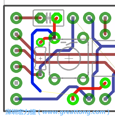 要在電路板正面進(jìn)行+5V信號線連結(jié)和其他連結(jié)點(diǎn)的布線工作是非常容易的，而重置信號線（信號線用來連結(jié)電路板正面左邊的重置開關(guān)）需要經(jīng)過一個(gè)可以通過電路板正反兩面的電路通道，這個(gè)通道是一個(gè)可以讓電路板正反兩面線路連接的一個(gè)小孔。