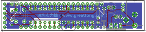第二篇文章則帶領你進行電路板上的布線、連結點的配置，并利用「設計規(guī)則檢查（Design Rule Check）」測試你的設計，第二篇文章的電路板設計圖將如下所示：
