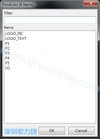 從目前正在編輯的PCB載入Module， 會顯示有那些項目可載入。點選一個， OK后即完成載入