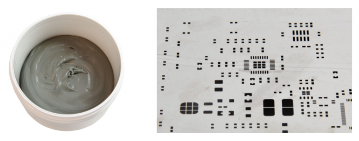 焊膏（左），PCB模板激光切割孔（右）